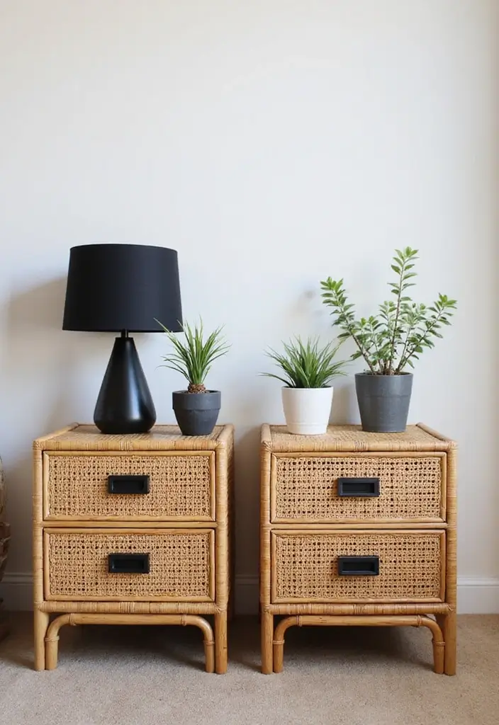 25 Black and Rattan Bedroom Ideas That Mix Modern and Natural Styles - 2. Rattan Nightstands with Black Hardware
