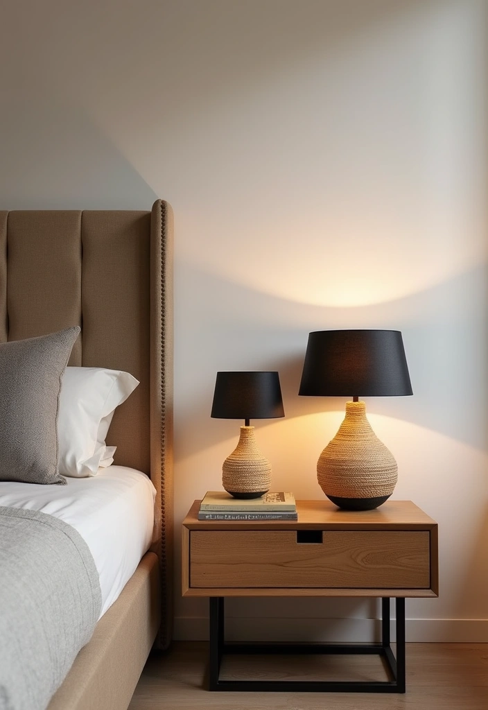 25 Black and Rattan Bedroom Ideas That Mix Modern and Natural Styles - 20. Black Rattan Bedside Lamps