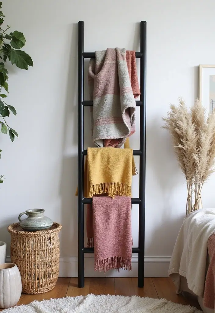 25 Black and Rattan Bedroom Ideas That Mix Modern and Natural Styles - 22. Black and Rattan Blanket Ladder