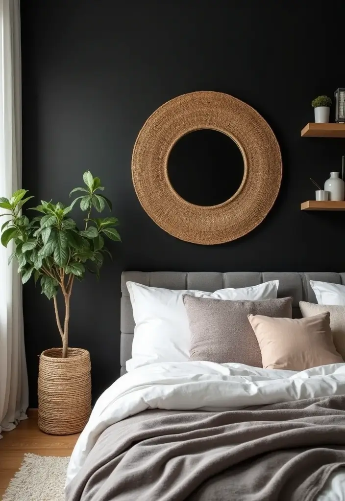 25 Black and Rattan Bedroom Ideas That Mix Modern and Natural Styles - 3. Black Accent Wall with Rattan Decor