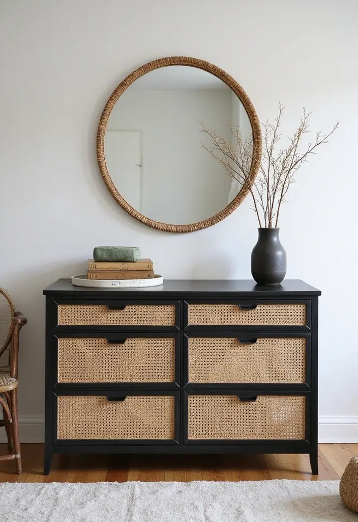 25 Black and Rattan Bedroom Ideas That Mix Modern and Natural Styles - 4. Minimalist Black and Rattan Dresser
