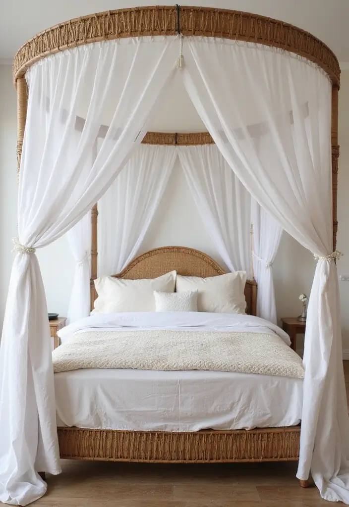 25 Black and Rattan Bedroom Ideas That Mix Modern and Natural Styles - 5. Rattan Canopy Bed