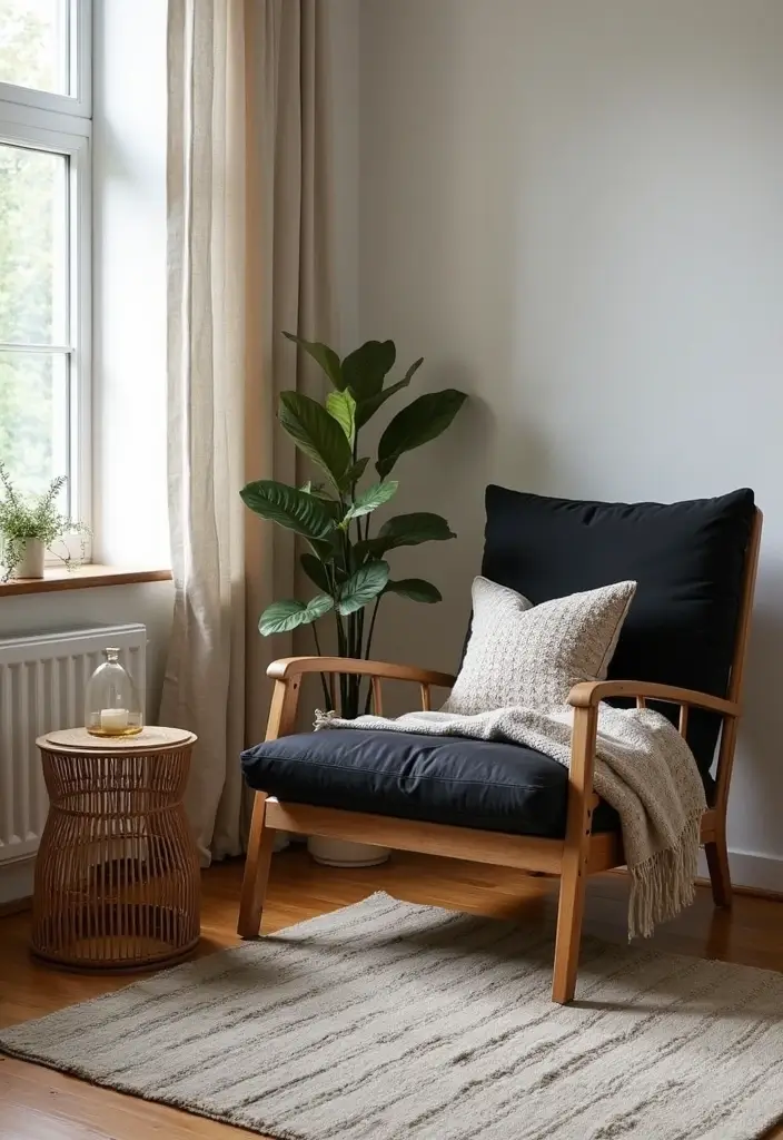 25 Black and Rattan Bedroom Ideas That Mix Modern and Natural Styles - 6. Black and Rattan Lounge Chair