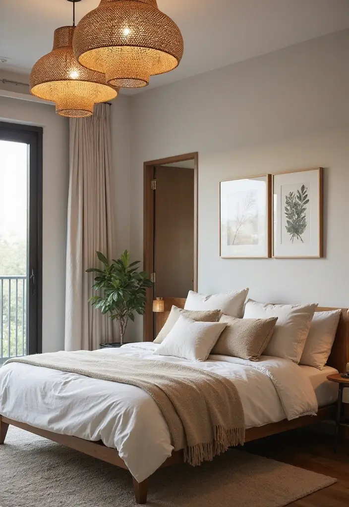 25 Black and Rattan Bedroom Ideas That Mix Modern and Natural Styles - 7. Rattan Ceiling Light Fixtures