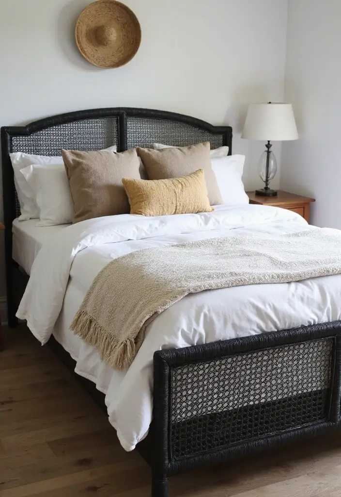 25 Black and Rattan Bedroom Ideas That Mix Modern and Natural Styles - 8. Black Woven Rattan Bedspread