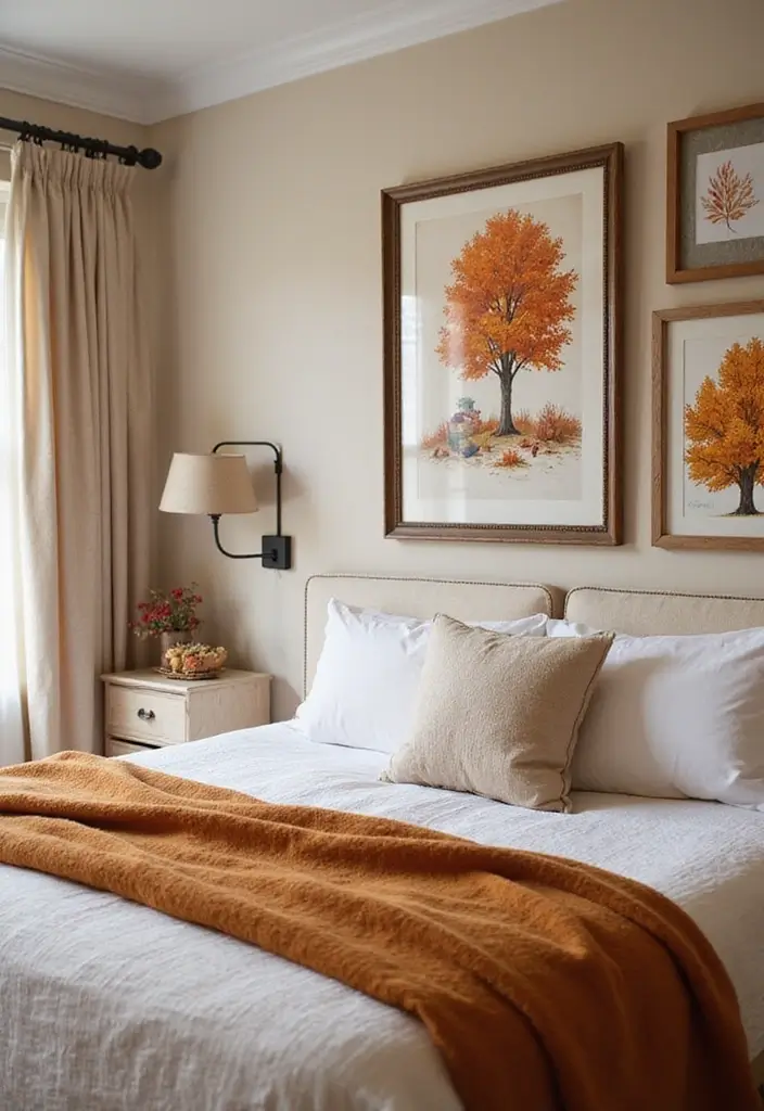 26 Fall Decor for Bedroom Ideas That Feel Cozy and Seasonal - 20. Seasonal Artwork