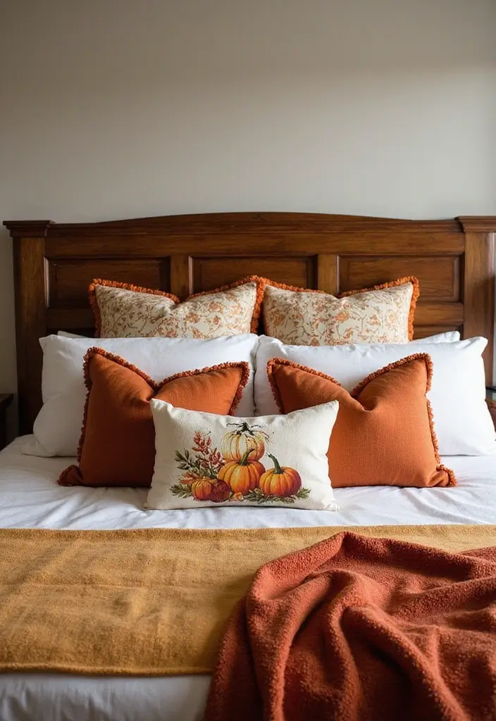 26 Fall Decor for Bedroom Ideas That Feel Cozy and Seasonal - 21. Harvest-inspired Throw Pillows