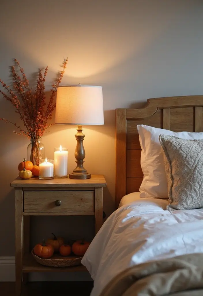 26 Fall Decor for Bedroom Ideas That Feel Cozy and Seasonal - 22. Autumn-Themed Table Decor