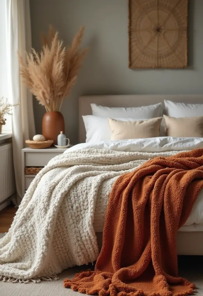 26 Fall Decor for Bedroom Ideas That Feel Cozy and Seasonal - 25. Seasonal Throws in Unique Textures