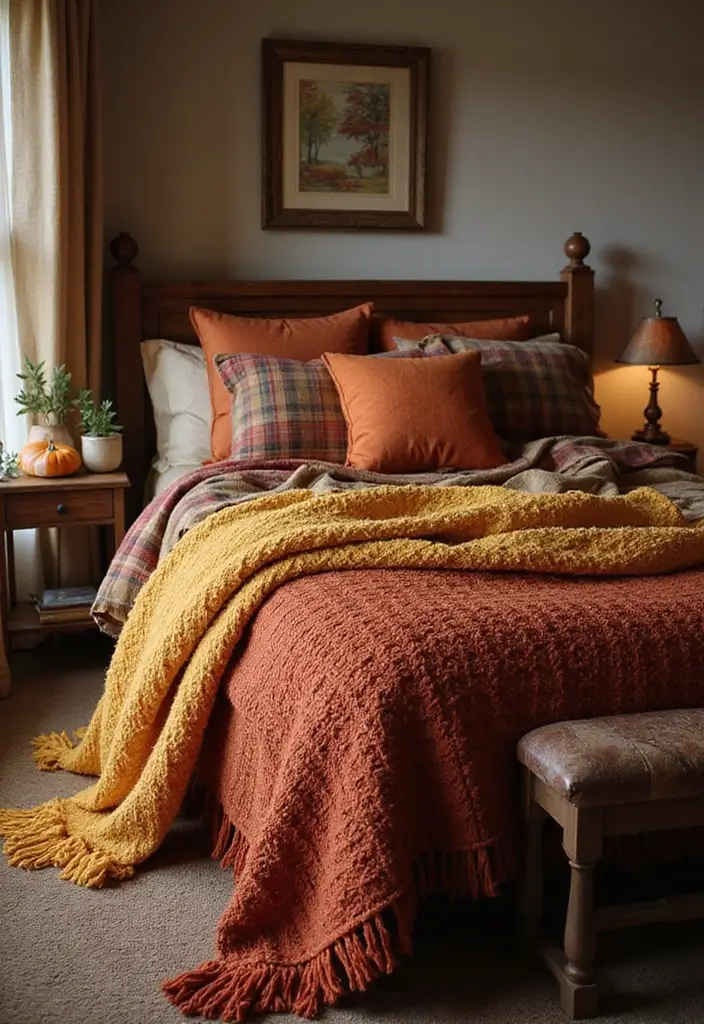26 Fall Decor for Bedroom Ideas That Feel Cozy and Seasonal - 26. Cozy Blankets in Fall Colors