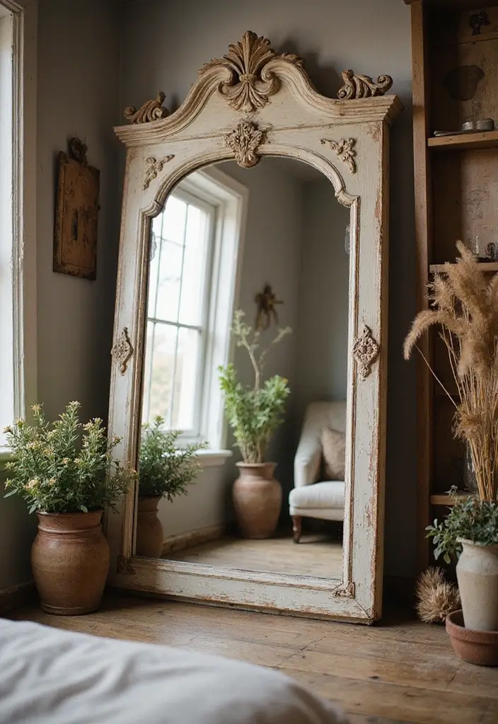 26 Mirror Design for Bedroom Ideas That Add Light and Style - 22. Vintage Distressed Mirrors