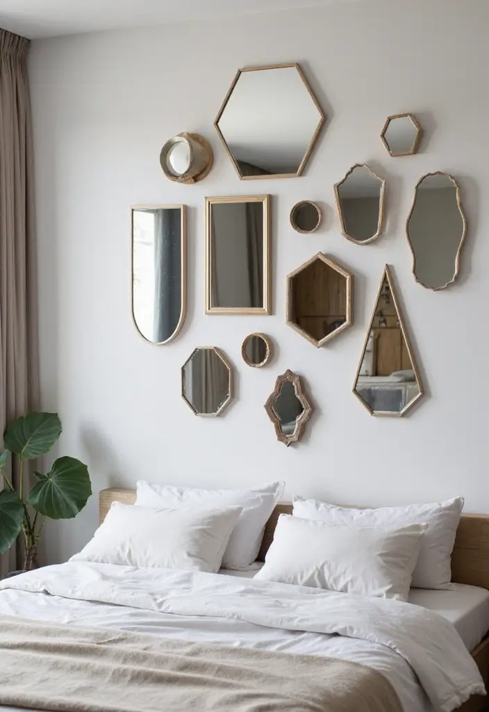 26 Mirror Design for Bedroom Ideas That Add Light and Style - 24. Geometric Mirrors