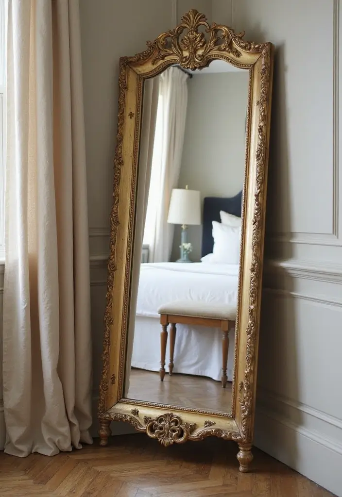 26 Mirror Design for Bedroom Ideas That Add Light and Style - 5. Vintage Floor Mirrors