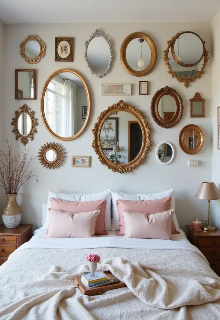 26 Mirror Design for Bedroom Ideas That Add Light and Style - 6. Eclectic Gallery Mirrors
