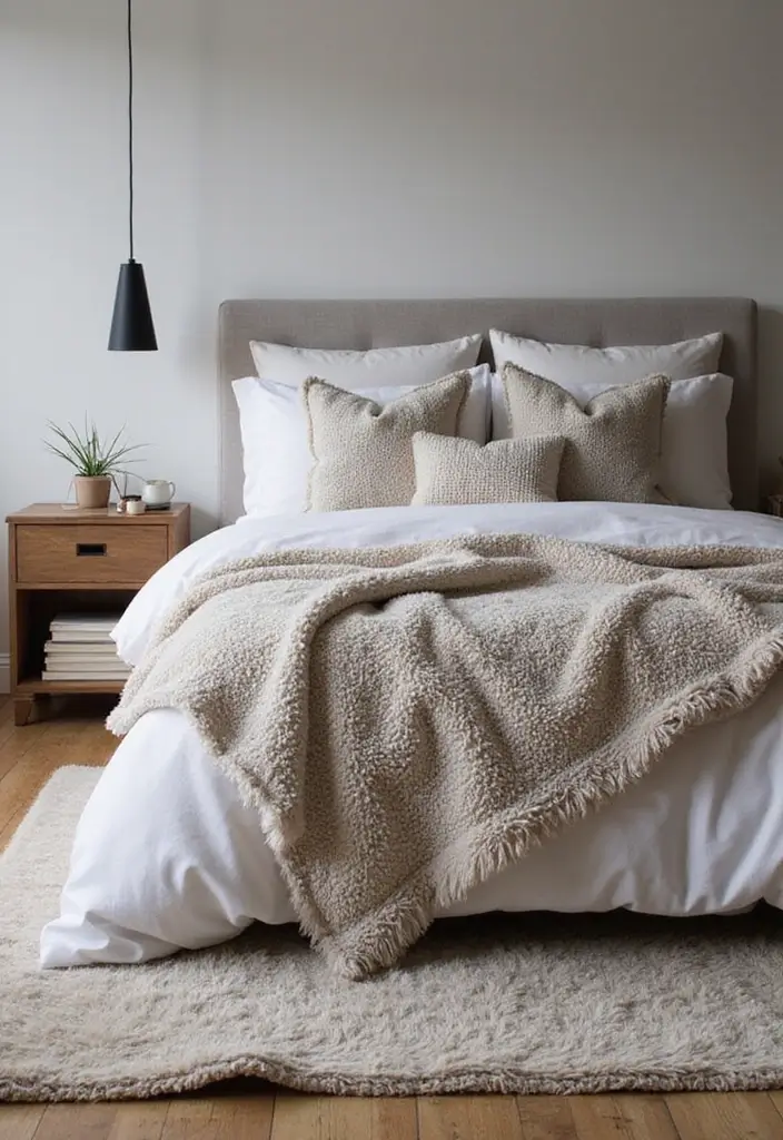 26 Modern Home Interior Design Bedroom Ideas That Feel Sleek and Elegant - 3. Layered Textures for Depth