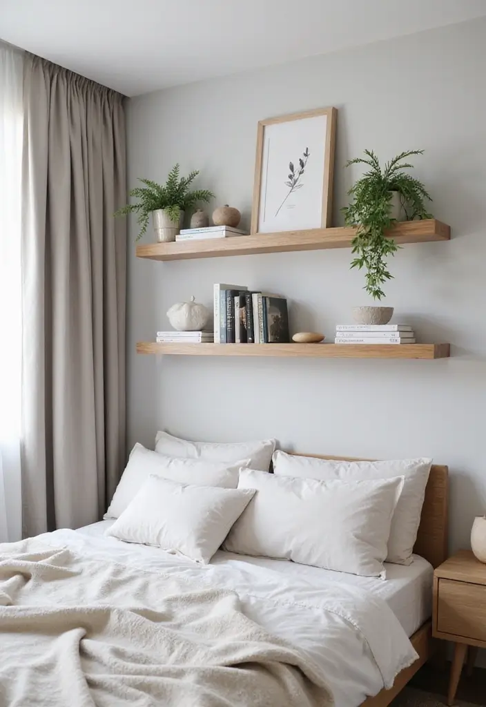 26 Modern Home Interior Design Bedroom Ideas That Feel Sleek and Elegant - 7. Floating Shelves for Display