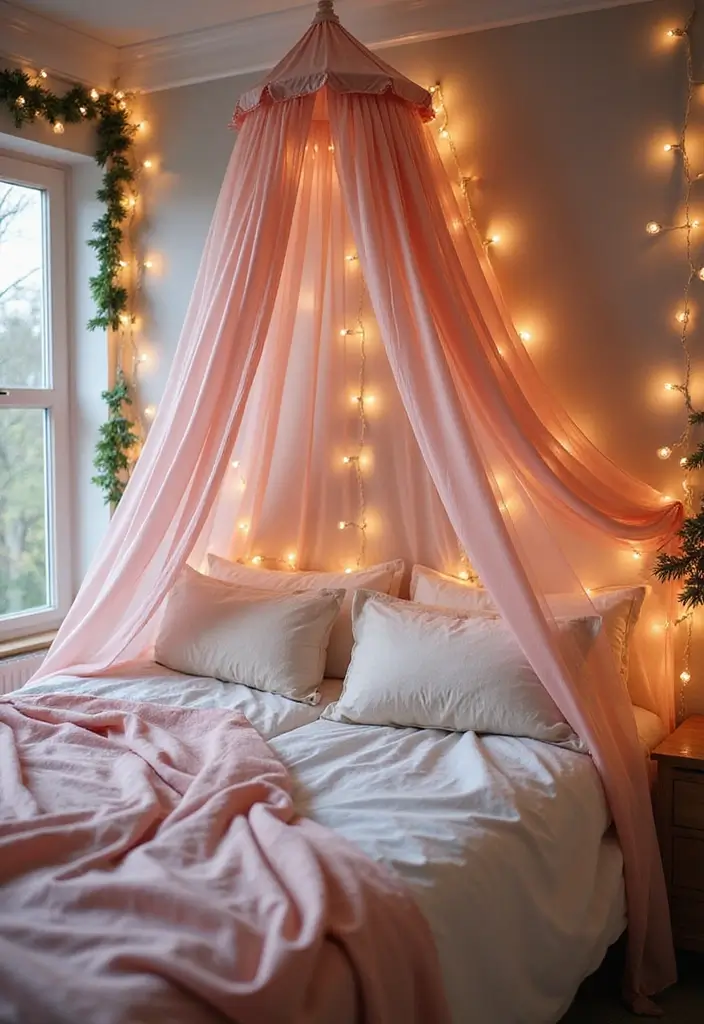 26 Pink Christmas Bedroom Decor Ideas That Add Holiday Magic - 14. Festive Bed Canopy
