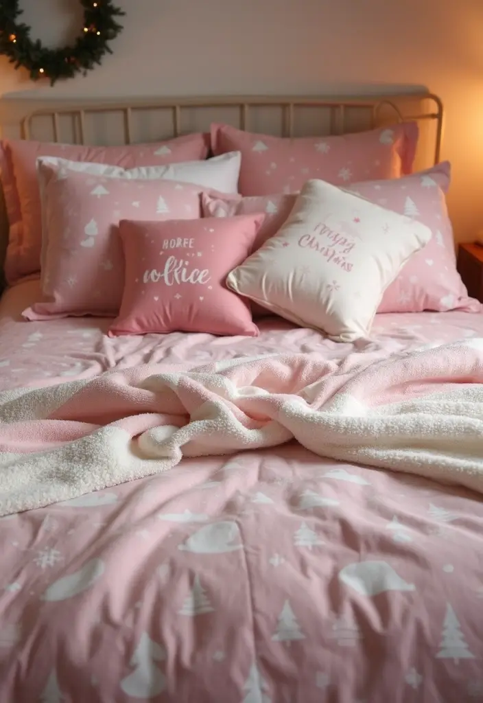 26 Pink Christmas Bedroom Decor Ideas That Add Holiday Magic - 2. Cozy Bedding Sets