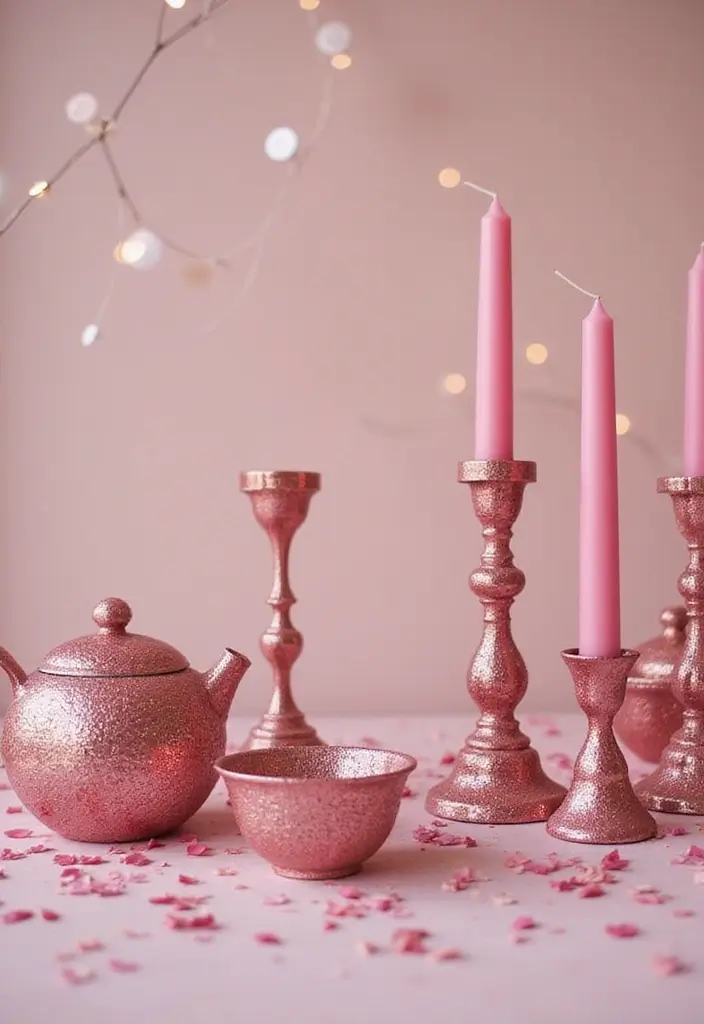 26 Pink Christmas Bedroom Decor Ideas That Add Holiday Magic - 20. Glittery Tabletop Decor