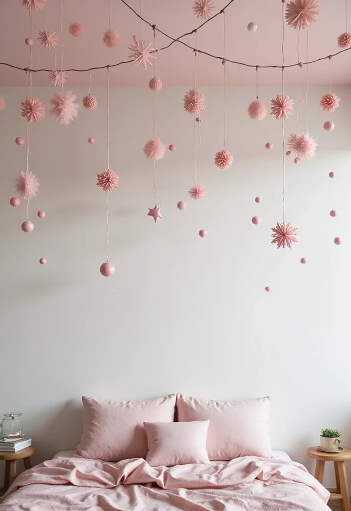 26 Pink Christmas Bedroom Decor Ideas That Add Holiday Magic - 23. Whimsical Ceiling Decor