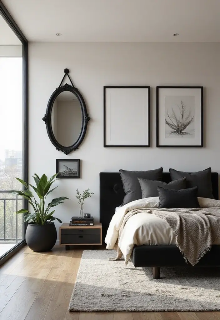 27 Black and Cream Bedroom Ideas That Feel Sophisticated & Calm - 10. Sleek Black Frames