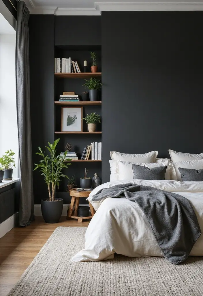 27 Black and Cream Bedroom Ideas That Feel Sophisticated & Calm - 12. Open Shelving for Decor