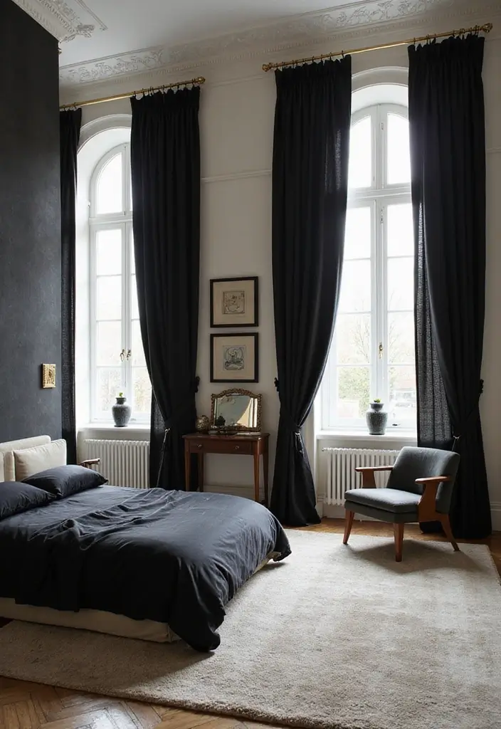 27 Black and Cream Bedroom Ideas That Feel Sophisticated & Calm - 13. Elegant Black Curtains