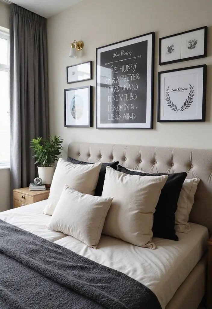 27 Black and Cream Bedroom Ideas That Feel Sophisticated & Calm - 19. Personalized Wall Decor