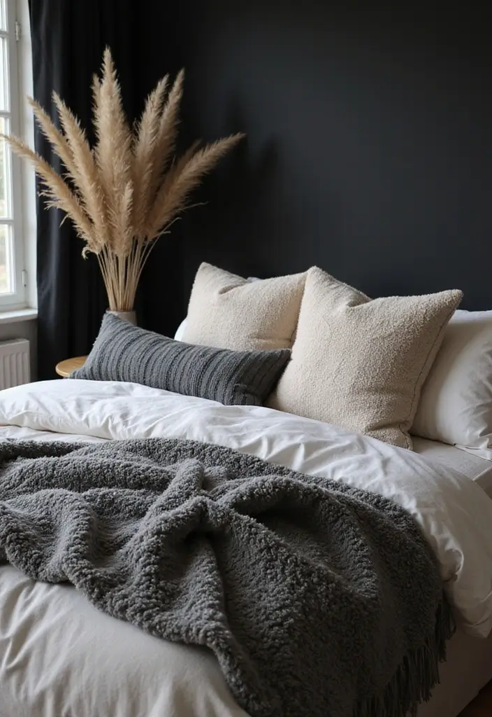 27 Black and Cream Bedroom Ideas That Feel Sophisticated & Calm - 2. Layered Textiles