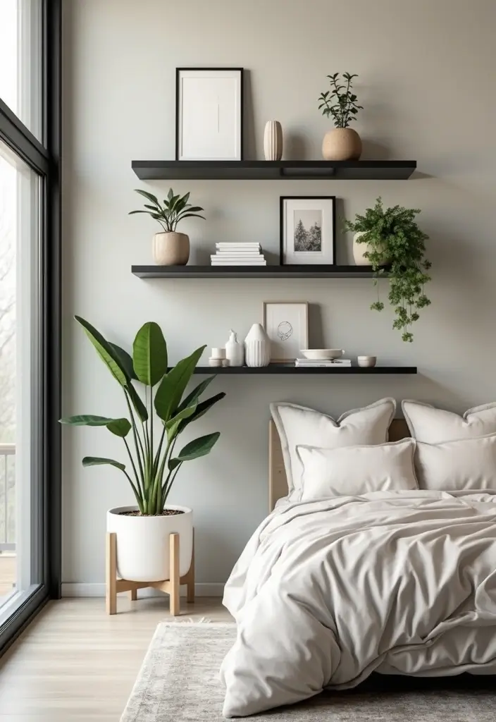 27 Black and Cream Bedroom Ideas That Feel Sophisticated & Calm - 25. Floating Shelves
