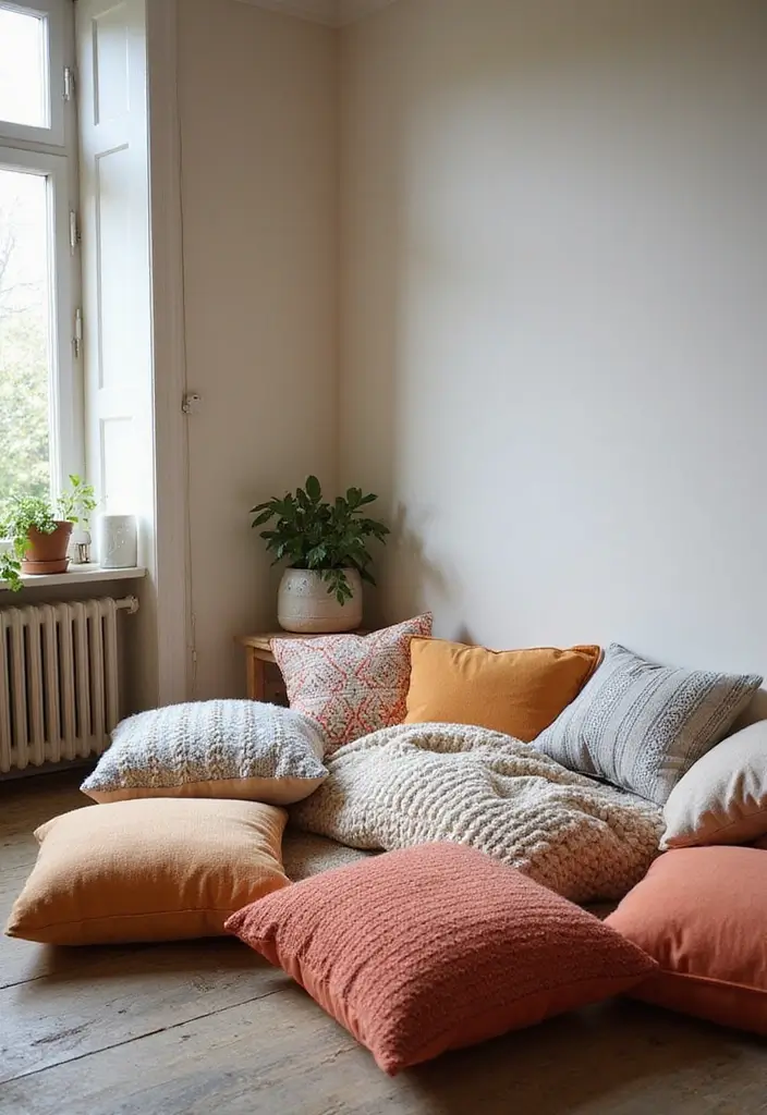 27 Boho Style Bedroom Decor Ideas That Feel Free & Earthy - 20. Cozy Floor Cushions