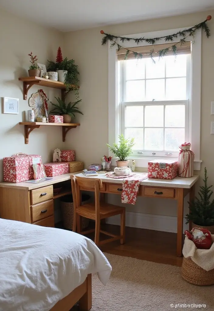 27 Christmas Decor for Bedroom Ideas That Bring Festive Magic - 16. Gift Wrapping Station