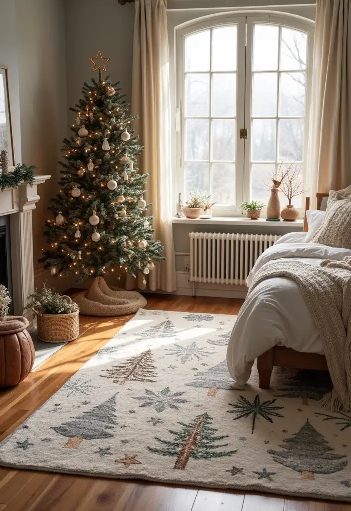 27 Christmas Decor for Bedroom Ideas That Bring Festive Magic - 18. Christmas-Inspired Area Rugs