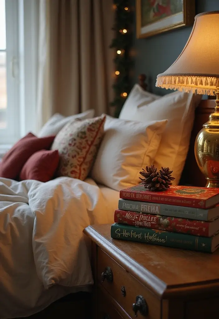 27 Christmas Decor for Bedroom Ideas That Bring Festive Magic - 20. Holiday-Themed Books