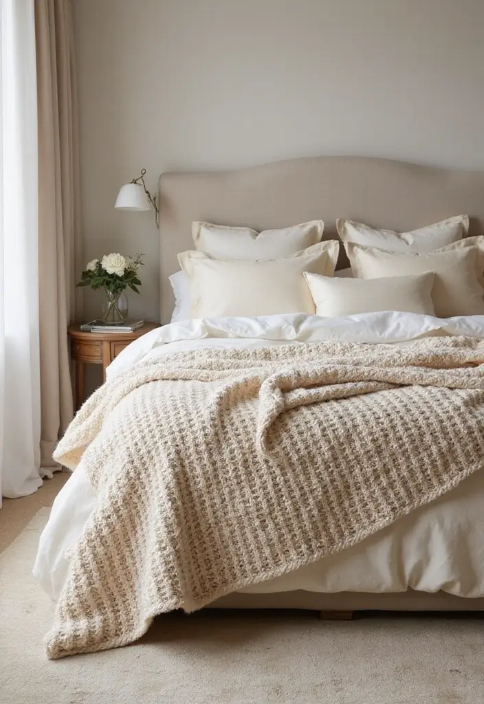 27 Cream and Beige Bedroom Ideas That Are Calm & Timeless - 1. Elegant Layering with Textiles