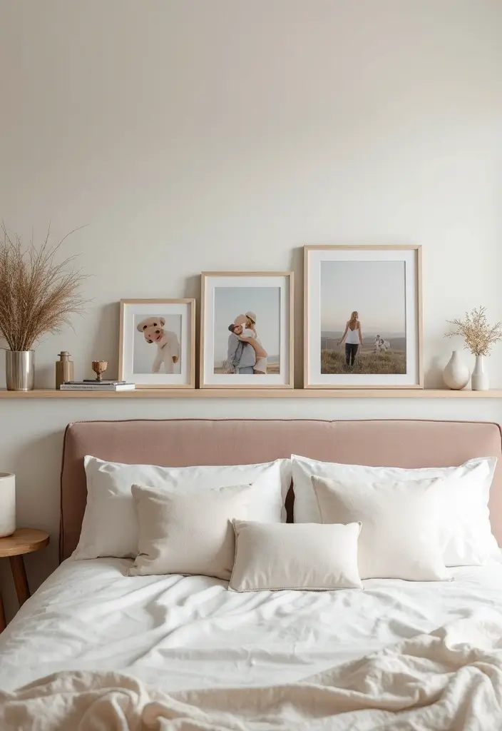 27 Cream and Beige Bedroom Ideas That Are Calm & Timeless - 11. Personal Touch with Photos