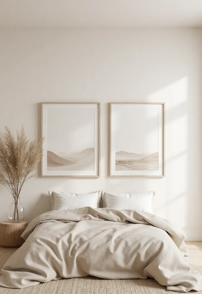 27 Cream and Beige Bedroom Ideas That Are Calm & Timeless - 13. Neutral Artwork