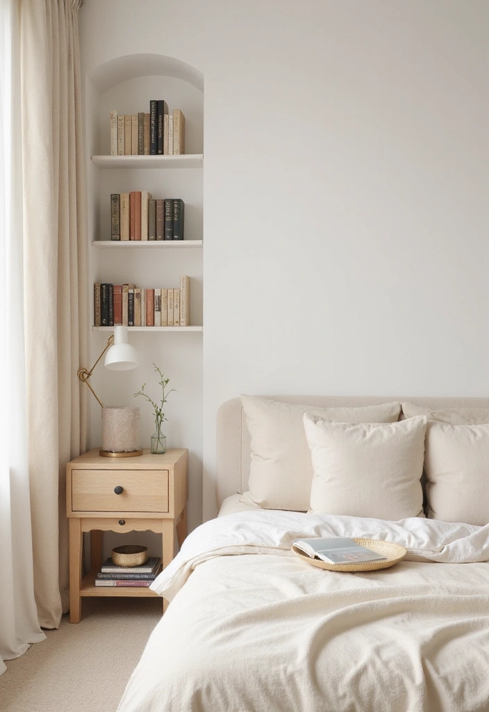 27 Cream and Beige Bedroom Ideas That Are Calm & Timeless - 16. Creative Book Displays