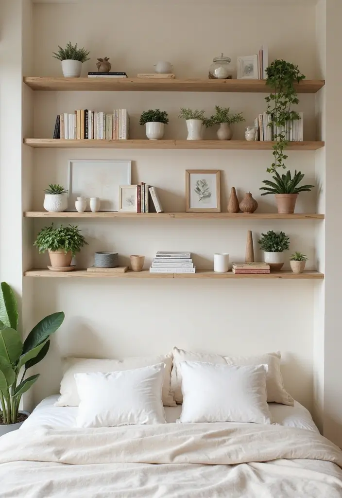 27 Cream and Beige Bedroom Ideas That Are Calm & Timeless - 23. Open Shelving for Display