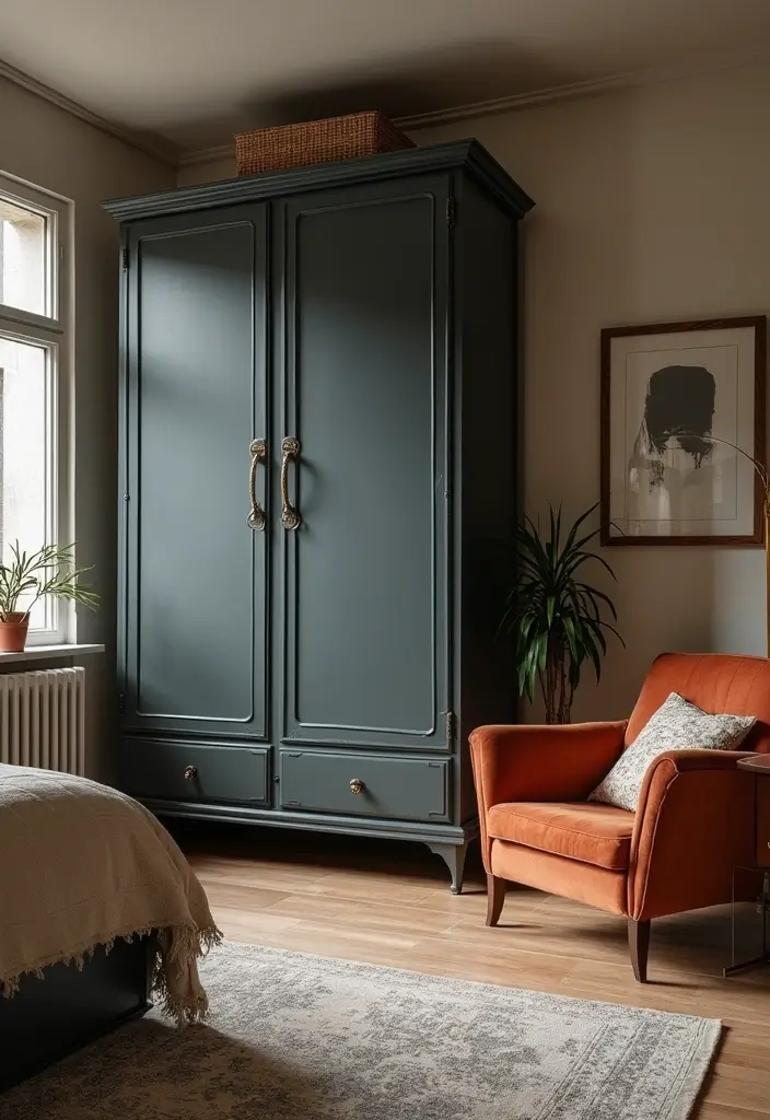 27 Dark Grey Wardrobe Bedroom Ideas That Feel Sleek and Elegant - 10. Vintage Touch with Modern Style