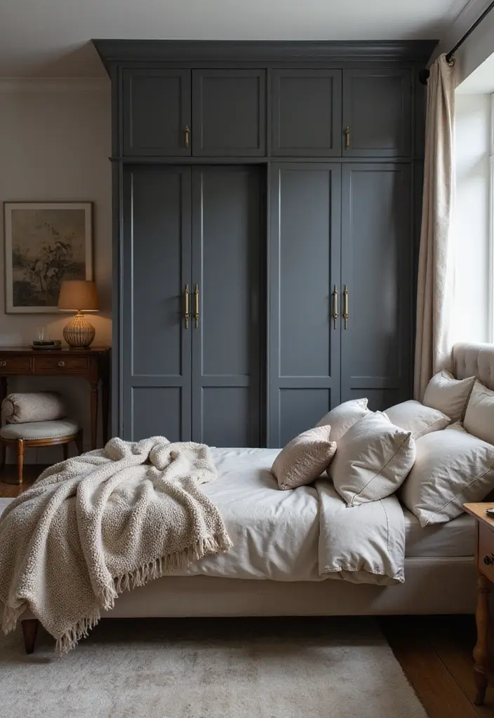 27 Dark Grey Wardrobe Bedroom Ideas That Feel Sleek and Elegant - 13. Cozy Textiles for Comfort