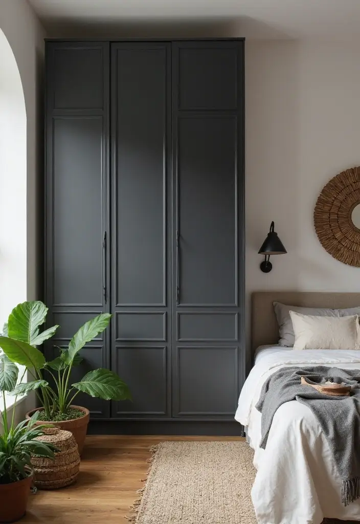 27 Dark Grey Wardrobe Bedroom Ideas That Feel Sleek and Elegant - 17. Dark Grey with Nature-Inspired Elements