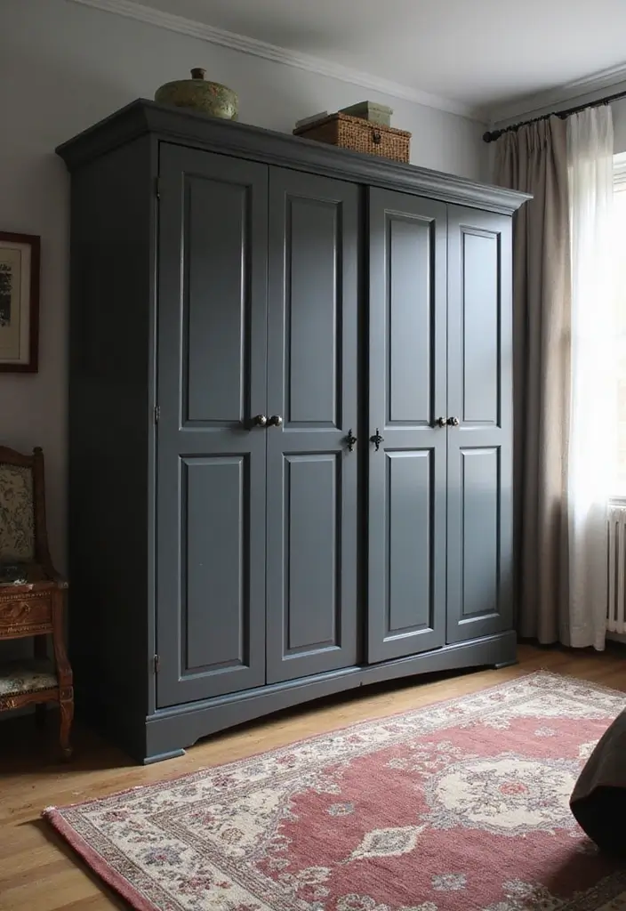 27 Dark Grey Wardrobe Bedroom Ideas That Feel Sleek and Elegant - 19. Statement Rugs Underfoot