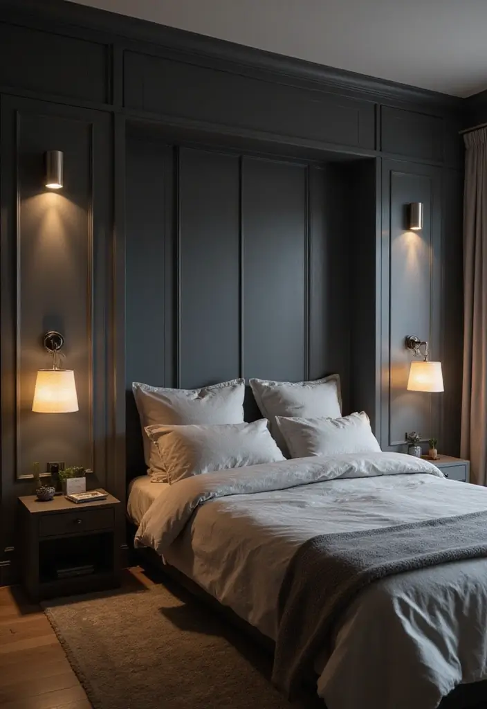 27 Dark Grey Wardrobe Bedroom Ideas That Feel Sleek and Elegant - 24. Layered Lighting Effects