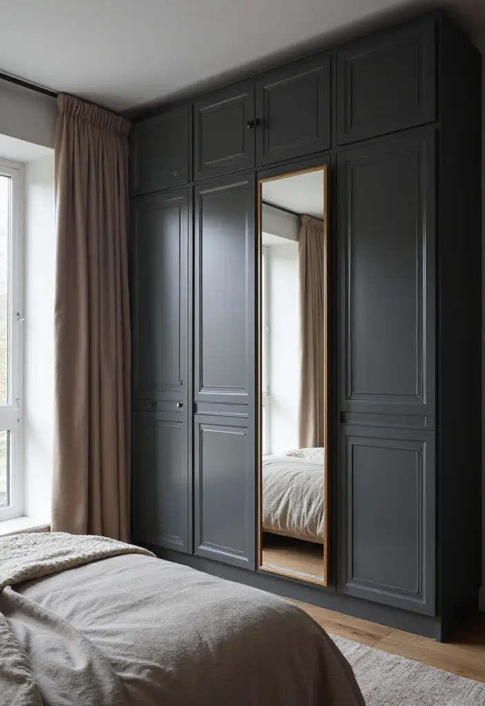 27 Dark Grey Wardrobe Bedroom Ideas That Feel Sleek and Elegant - 26. The Power of Mirrors