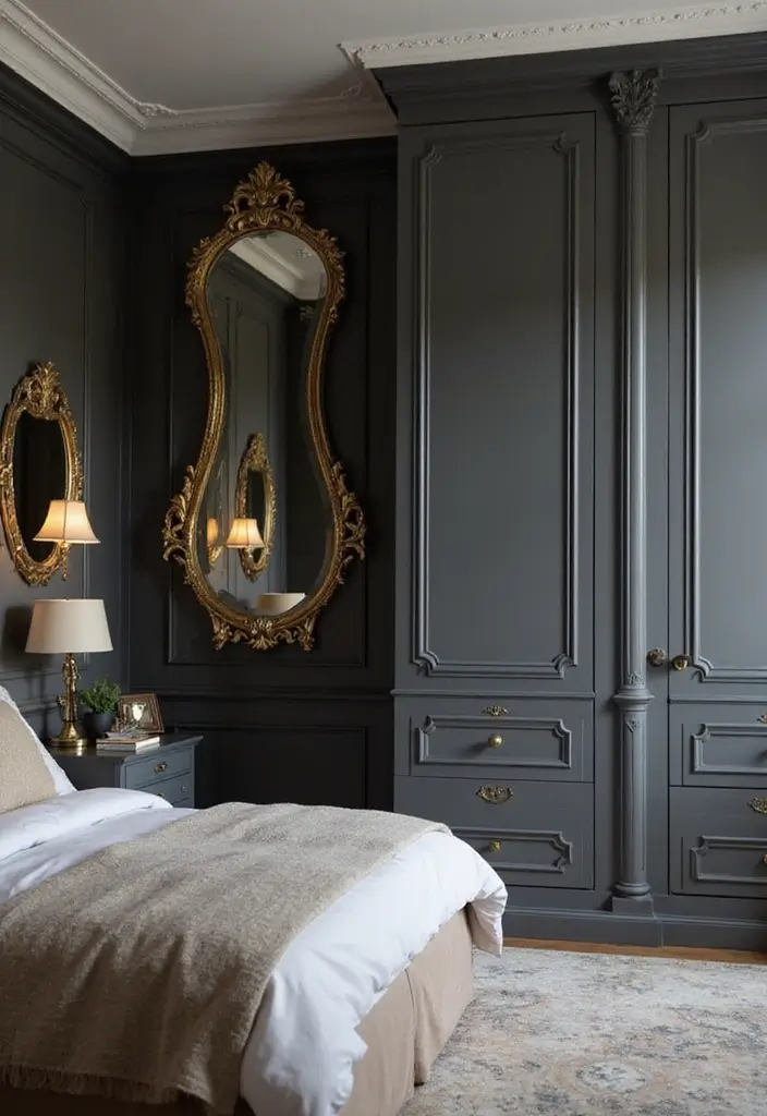 27 Dark Grey Wardrobe Bedroom Ideas That Feel Sleek and Elegant - 4. Dark Grey with Touches of Gold