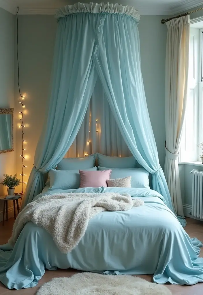 27 Duck Egg Blue Bedroom Ideas That Feel Timeless and Peaceful - 11. Whimsical Duck Egg Blue Canopy