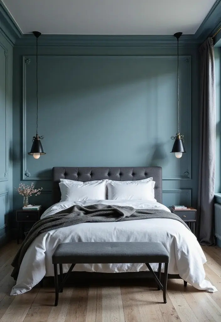27 Duck Egg Blue Bedroom Ideas That Feel Timeless and Peaceful - 14. Duck Egg Blue and Black Contrast