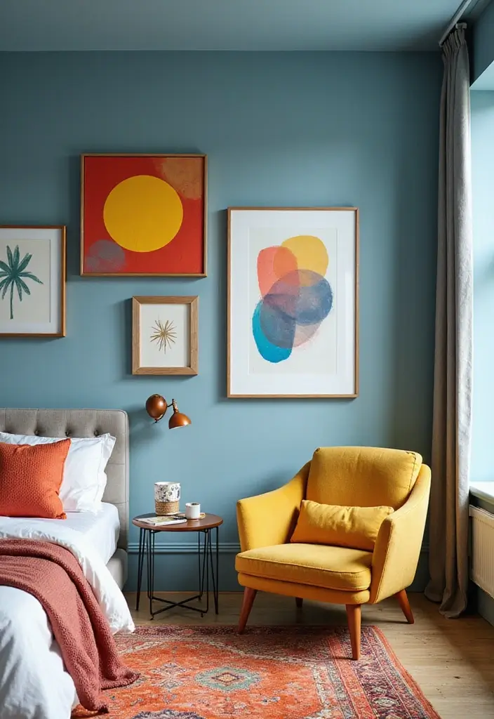 27 Duck Egg Blue Bedroom Ideas That Feel Timeless and Peaceful - 16. Duck Egg Blue with Modern Art