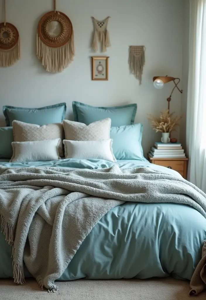 27 Duck Egg Blue Bedroom Ideas That Feel Timeless and Peaceful - 23. Duck Egg Blue with Layered Textiles